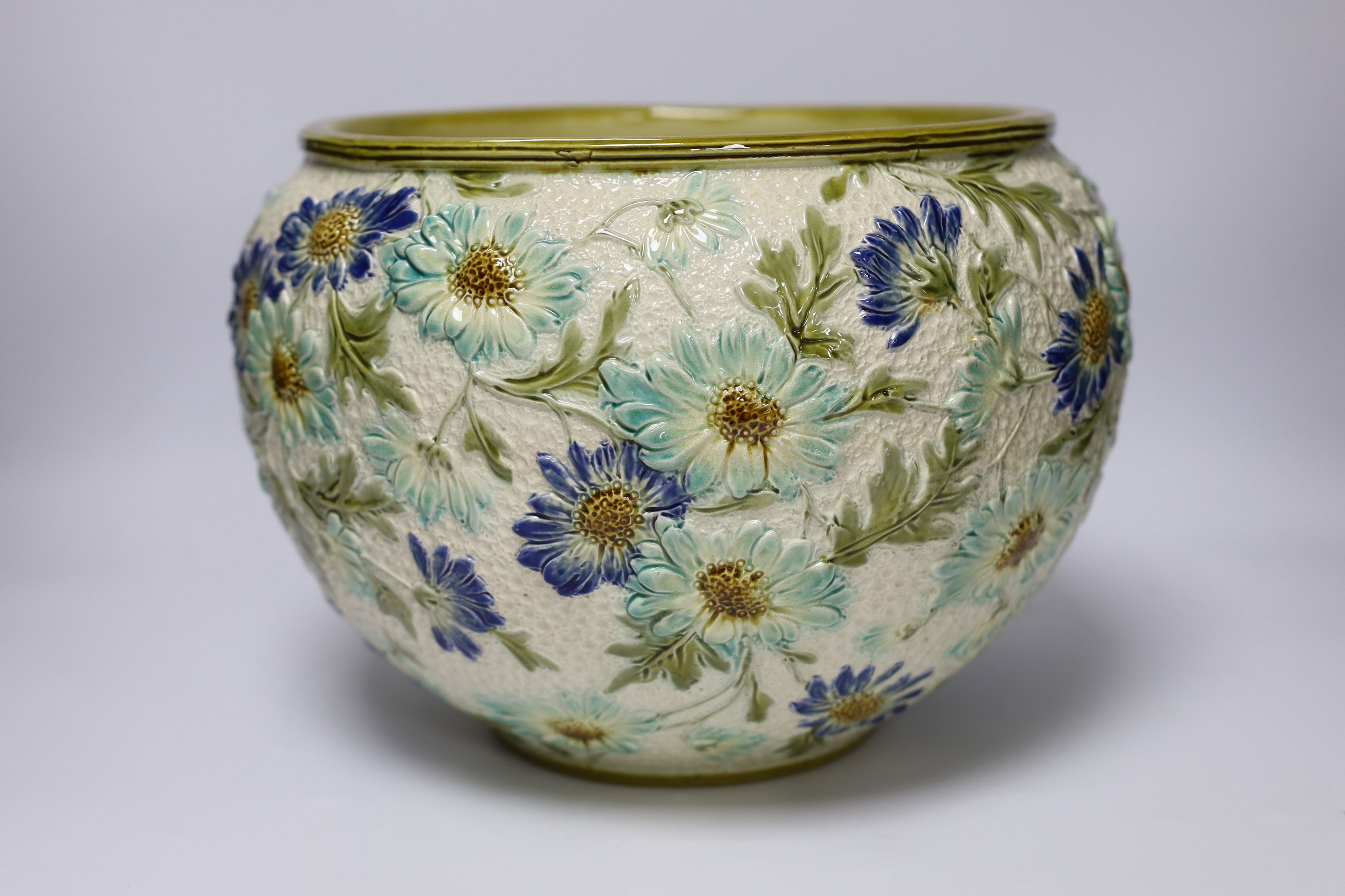 A pair of Burmantofts faience floral jardinières, c.1900, 23cm high
